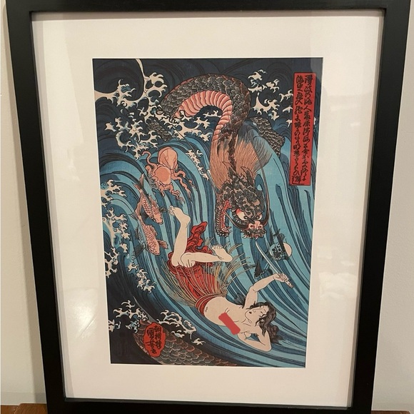 Pearl Diver Escapes Dragon King Japanese Print Kuniyoshi 12x15 Ukiyoe Wall Art - Picture 2 of 3